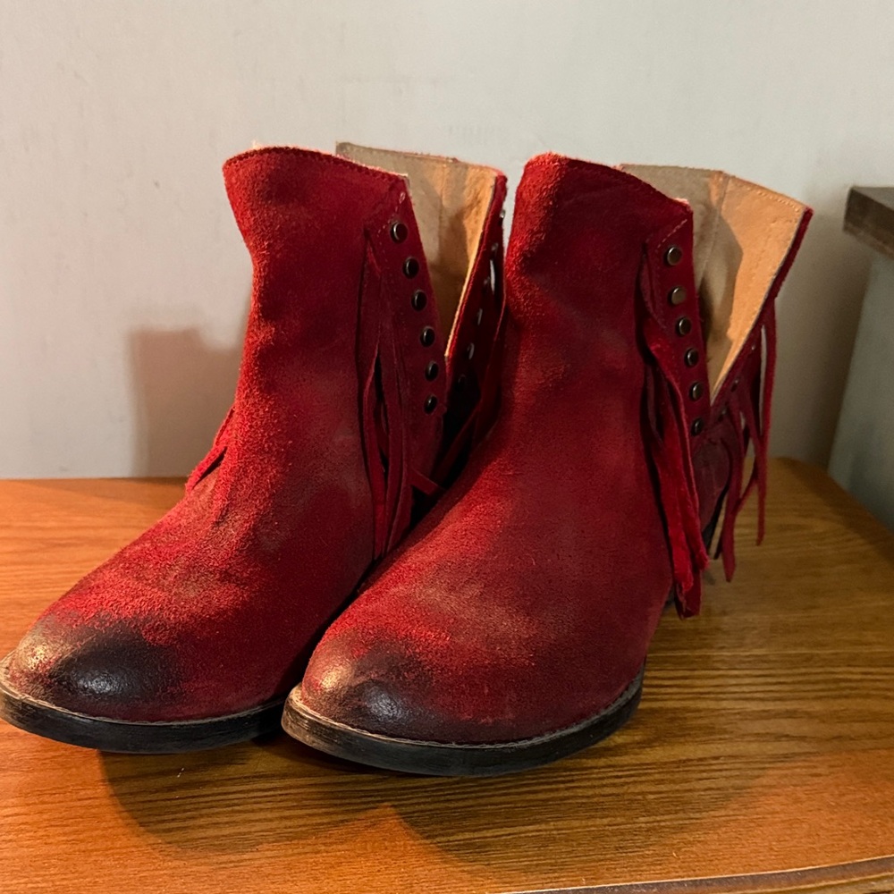 Circle G Red Suede Ankle Boots with Fringe